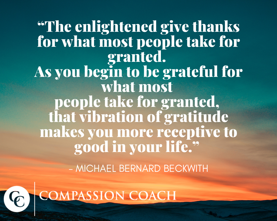 "The enlightened give thanks for what most people take for granted. As you begin to be grateful for what most people take for granted, that vibration of gratitude makes you more receptive to good in your life." - Michael Bernard Beckwith